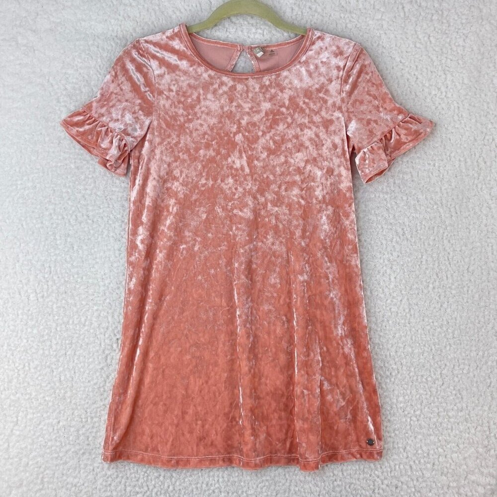 Roxy Peach Crushed Velvet Dress Youth Girls Short Flutter Sleeves Size‎ Large